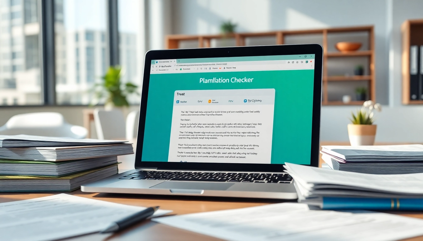 Utilize a plagiarism checker tool displayed on a laptop in a professional office environment.