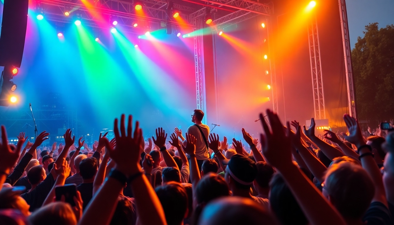 Touring band performing energetically on stage, captivating fans with vibrant lights.