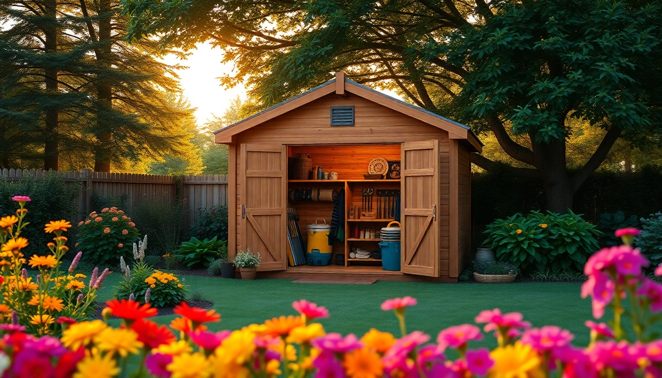 Explore a custom built storage shed showcased in a vibrant backyard garden setting, highlighting its unique features.