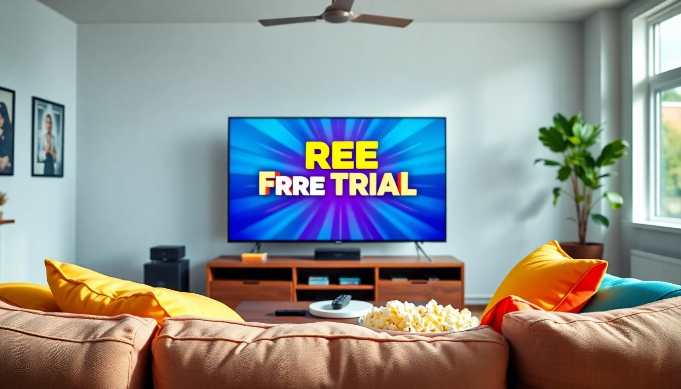 Experience a free streaming trial with a cozy living room backdrop showcasing a smart TV.