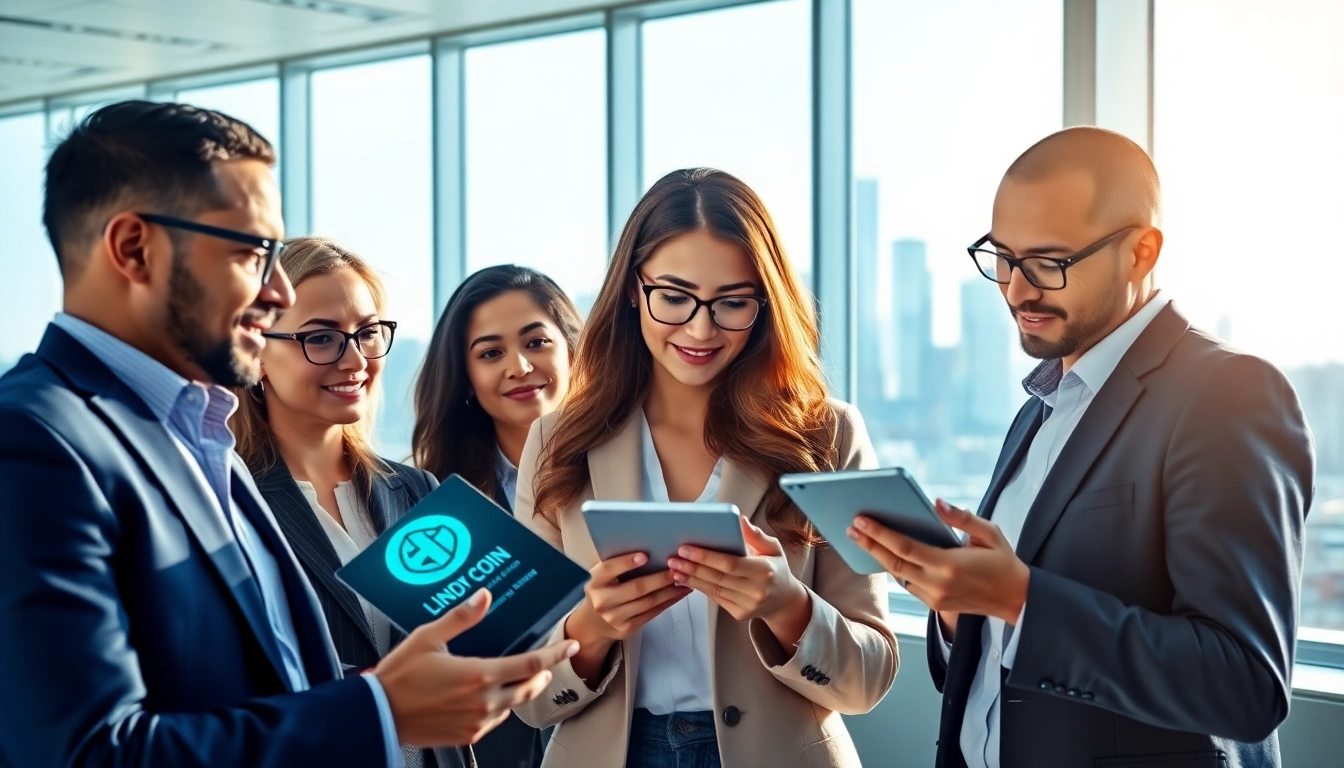 Lindy coin investing analysis with a diverse group in a modern office, showcasing teamwork and technology.