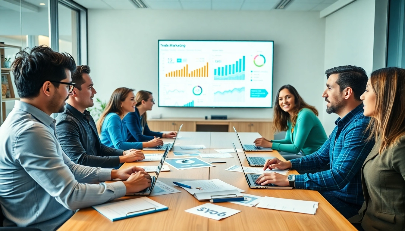 Engaging team collaboration in trade marketing strategy development in a professional office.