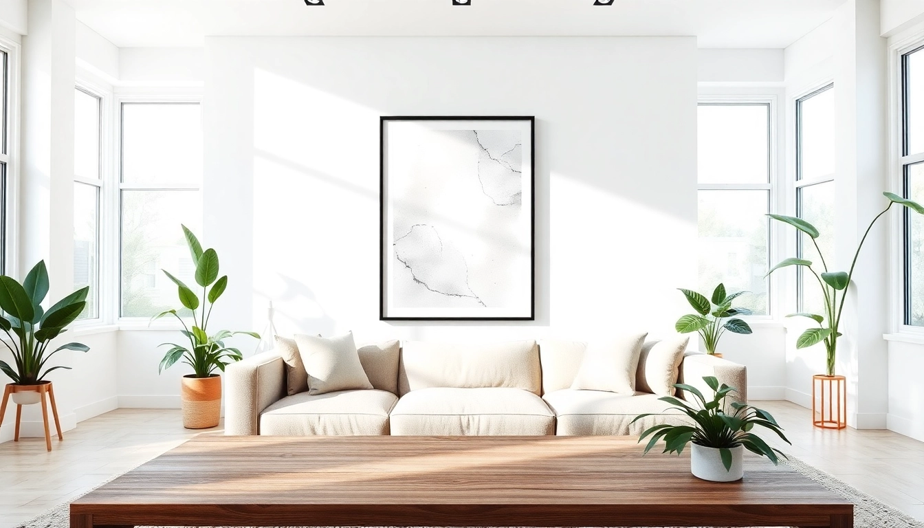 Showcase a stylish 20x30 frame in a modern living room setting with abstract art and natural lighting.