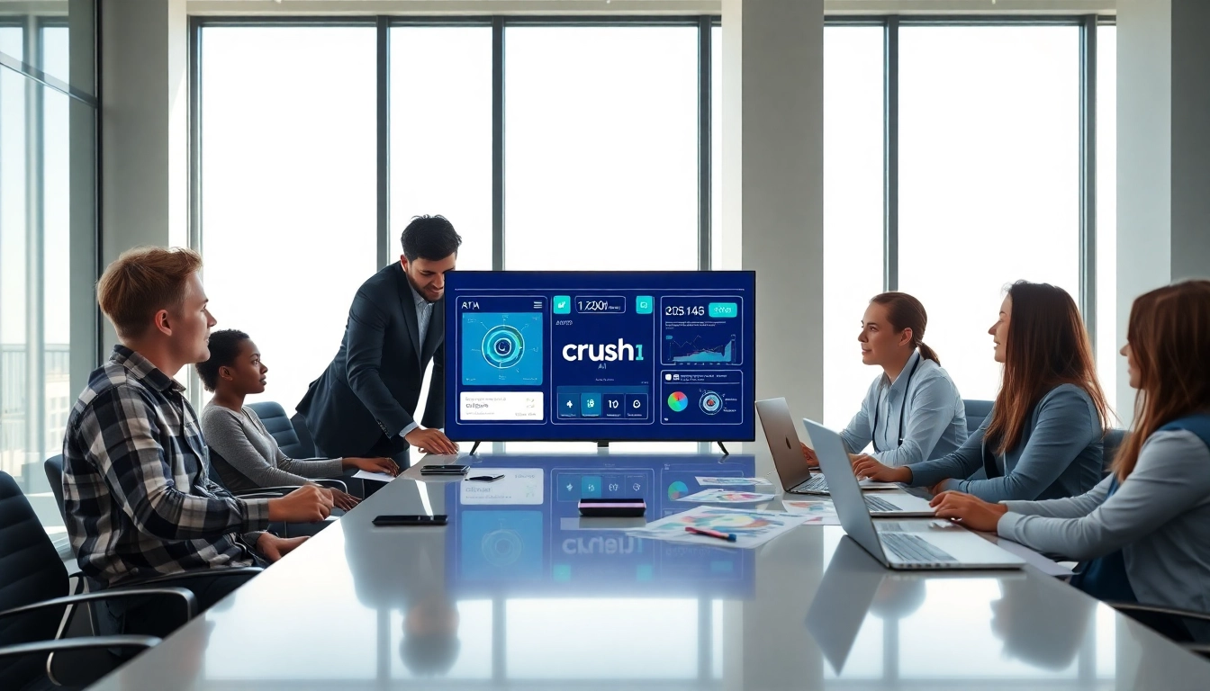 Team discussing features of Crush AI in an innovative workspace, emphasizing collaboration.