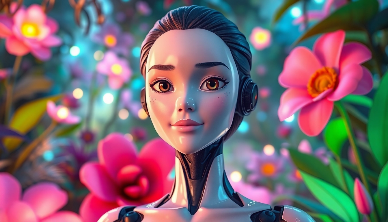 Engage with AI sexy chat character in a vibrant fantasy garden setting.
