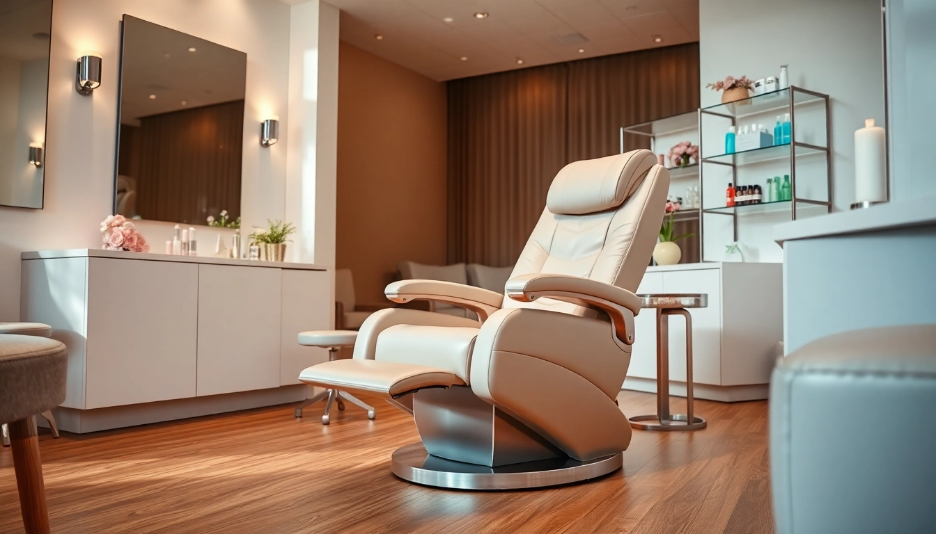 Kosmetikstuhl in modernem Salon mit eleganten Akzenten und einladender Atmosphäre.