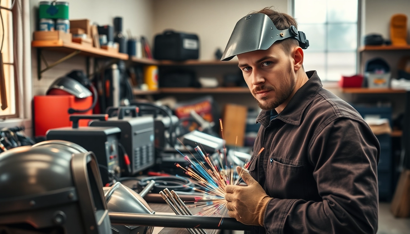 Find essential welding supplies near me, displayed prominently in a well-organized workshop environment.