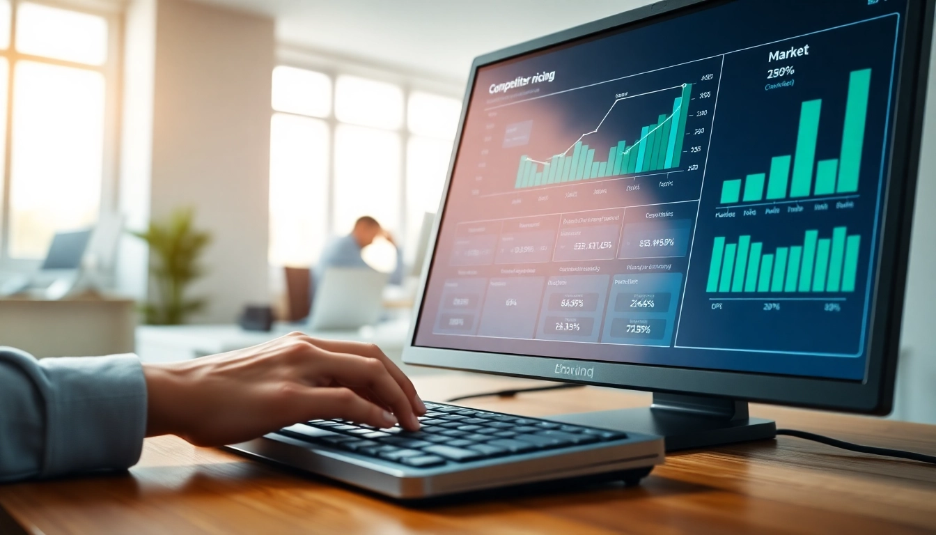 Analyzing competitor pricing data with charts and graphs in a professional office setup.