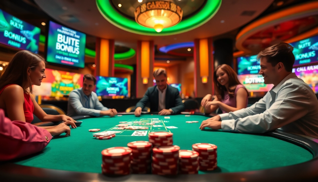 Engaging scene of an online casino Singapore with players enjoying table games and displays of vibrant bonuses.