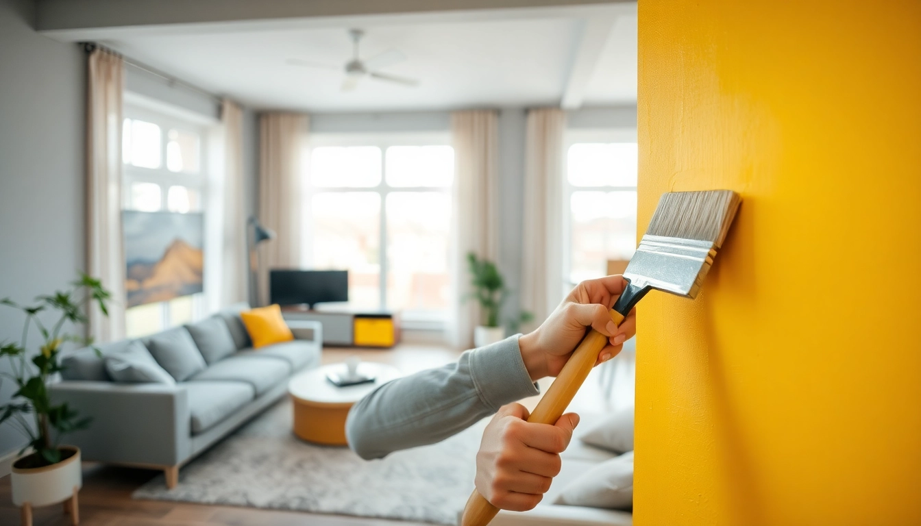 Painter working on an interior painting project in a light-filled living room.