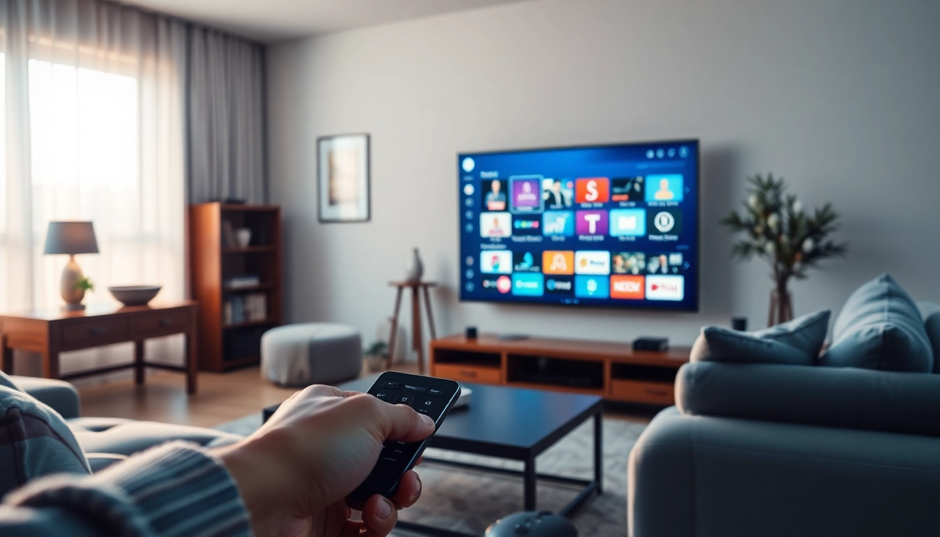 Engaging user enjoying IPTV Subscription USA on a modern smart TV in a cozy living room.