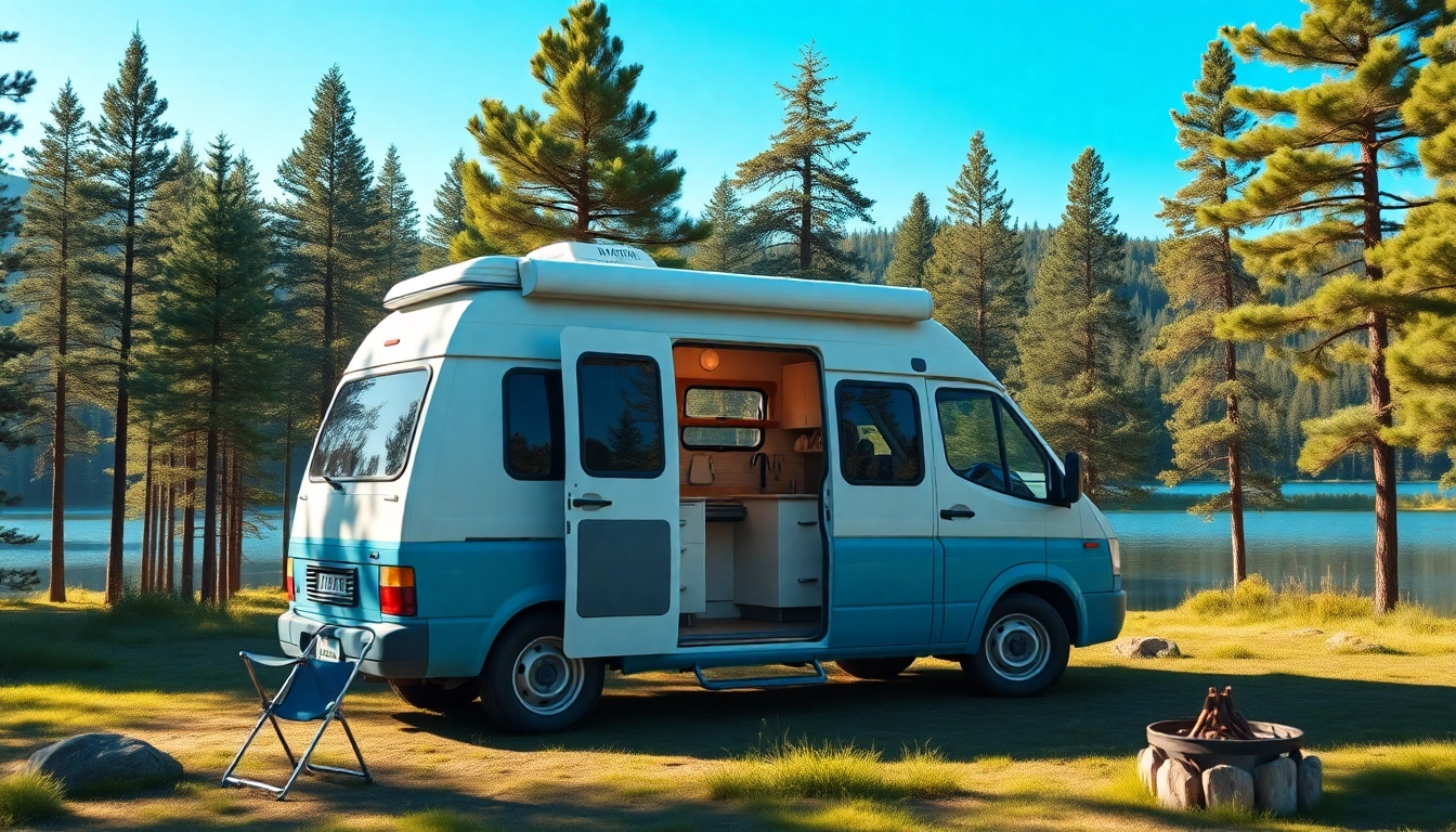 Relaxing scene featuring the perfect campervan open to nature, showcasing its interior comforts and adventure gear.