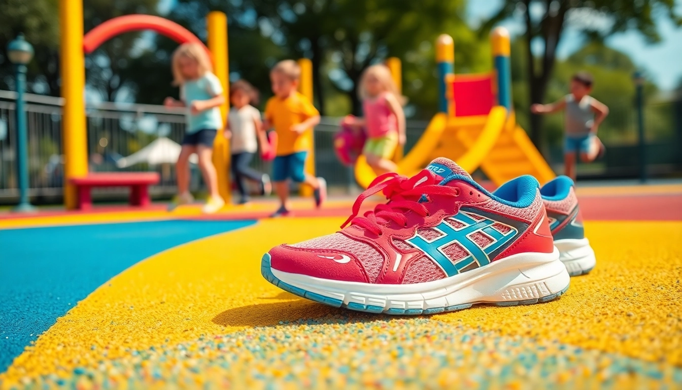 Laufschuhe für Kinder mit einem energischen Design auf einem Spielplatz, ideal für aktive Kinder.