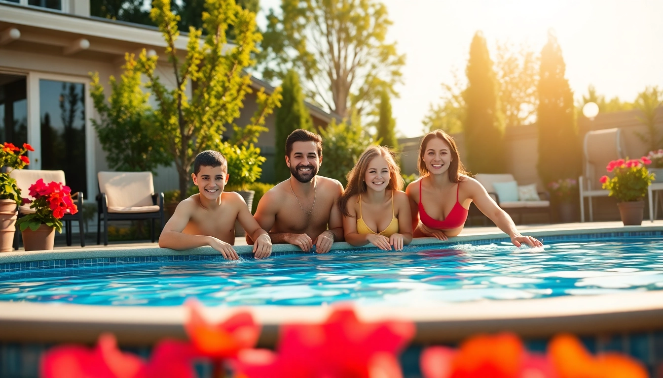 Engaging scene of swimming pool financing benefits with a happy family enjoying their new pool.
