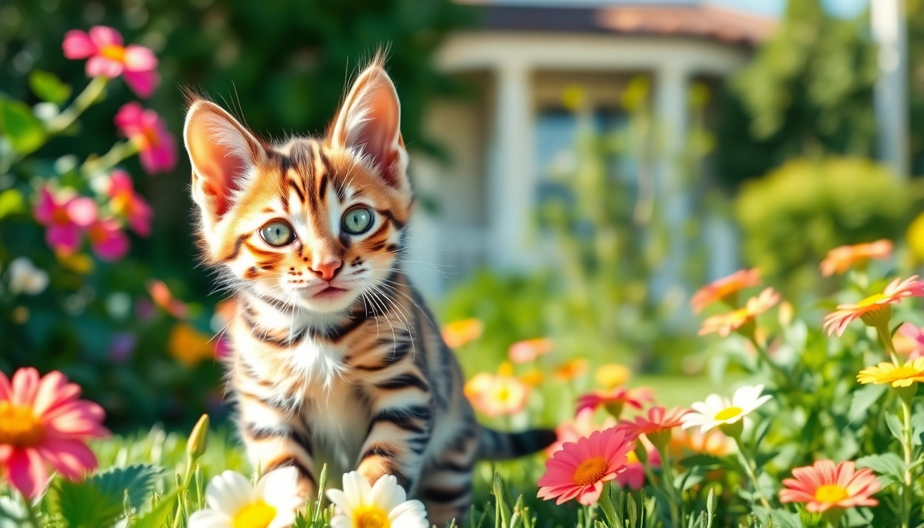 Adorable Bengal kitten in a sunny garden showcasing Bengal Breeders Orange County