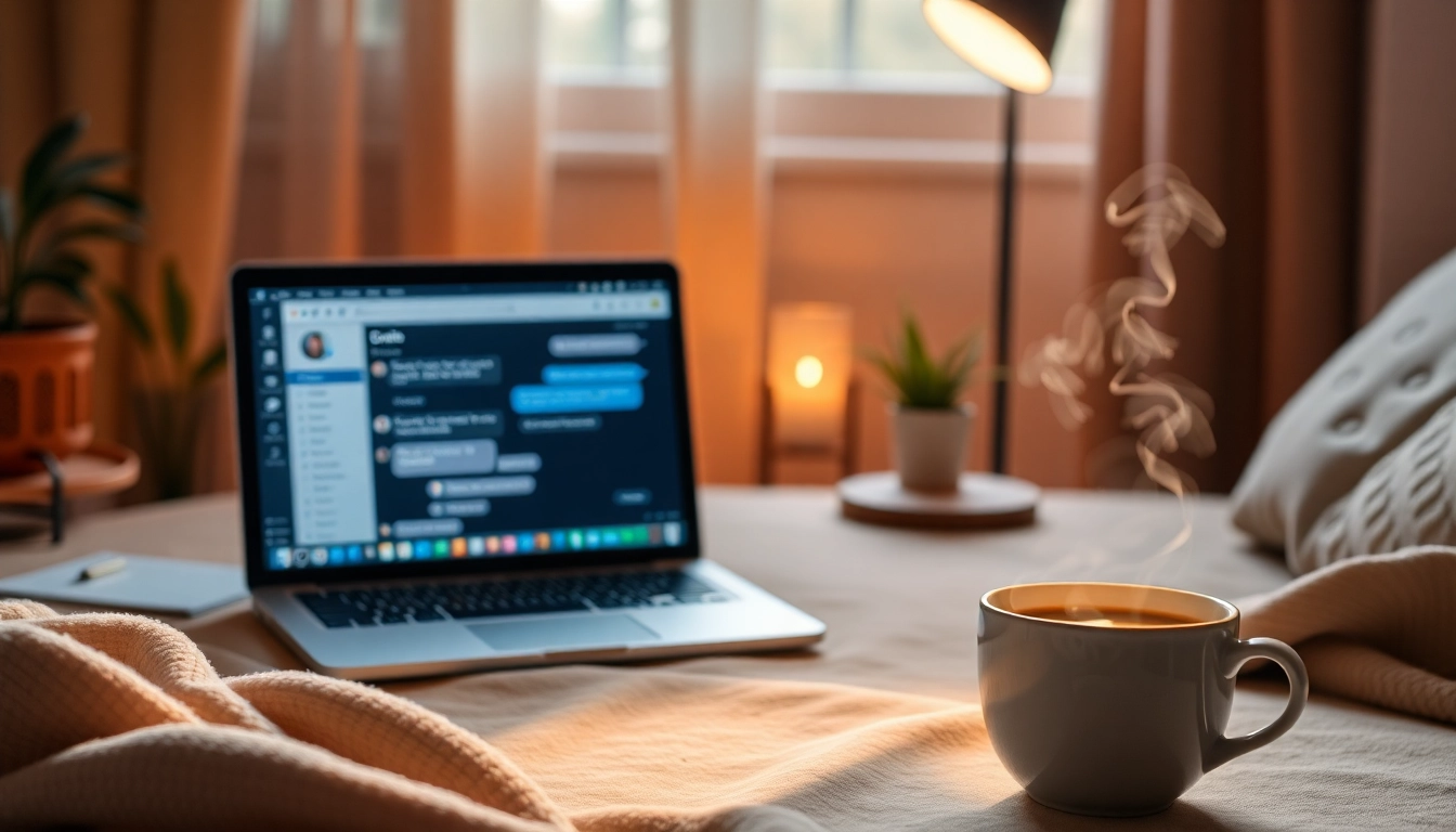 Engage in دردشة كتابية through a warm laptop setting with a cozy coffee atmosphere.