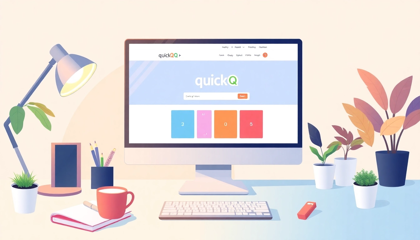 Showcase quickq官网's homepage on a sleek laptop in a vibrant workspace with elements of productivity.