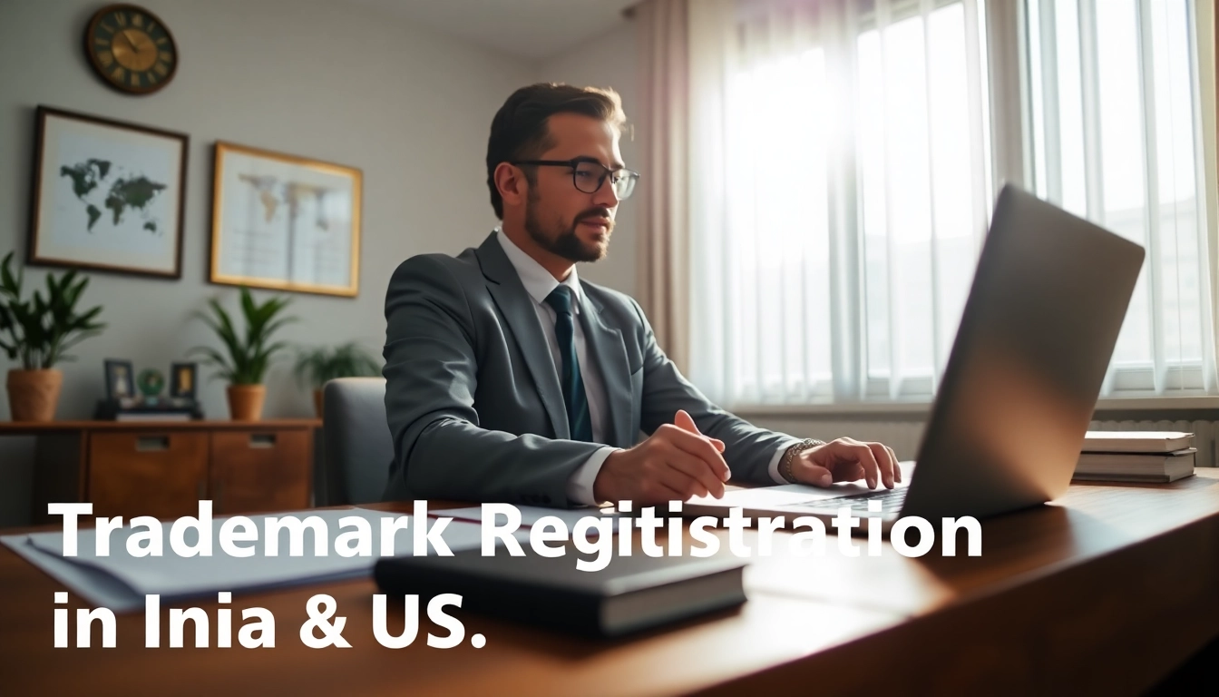 Consultant discussing trademark registration in India and US with important documents on desk.