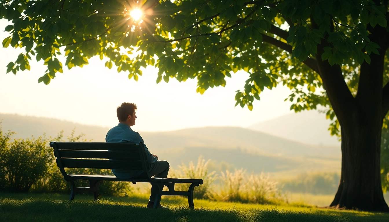 Engaging scene of a person reflecting on dealing with grief in a peaceful park setting.