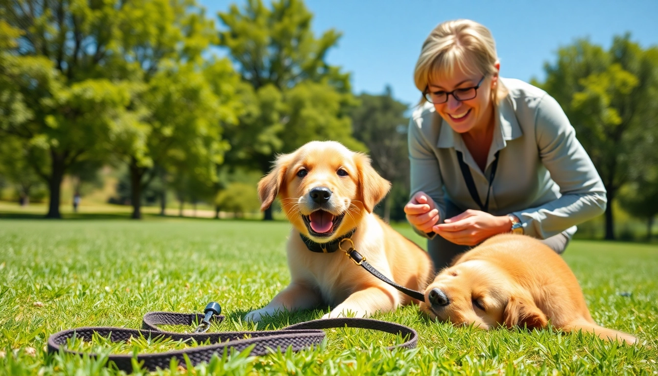 Engaging dog training session in Irvine with a trainer and a golden retriever puppy focused on positive reinforcement.