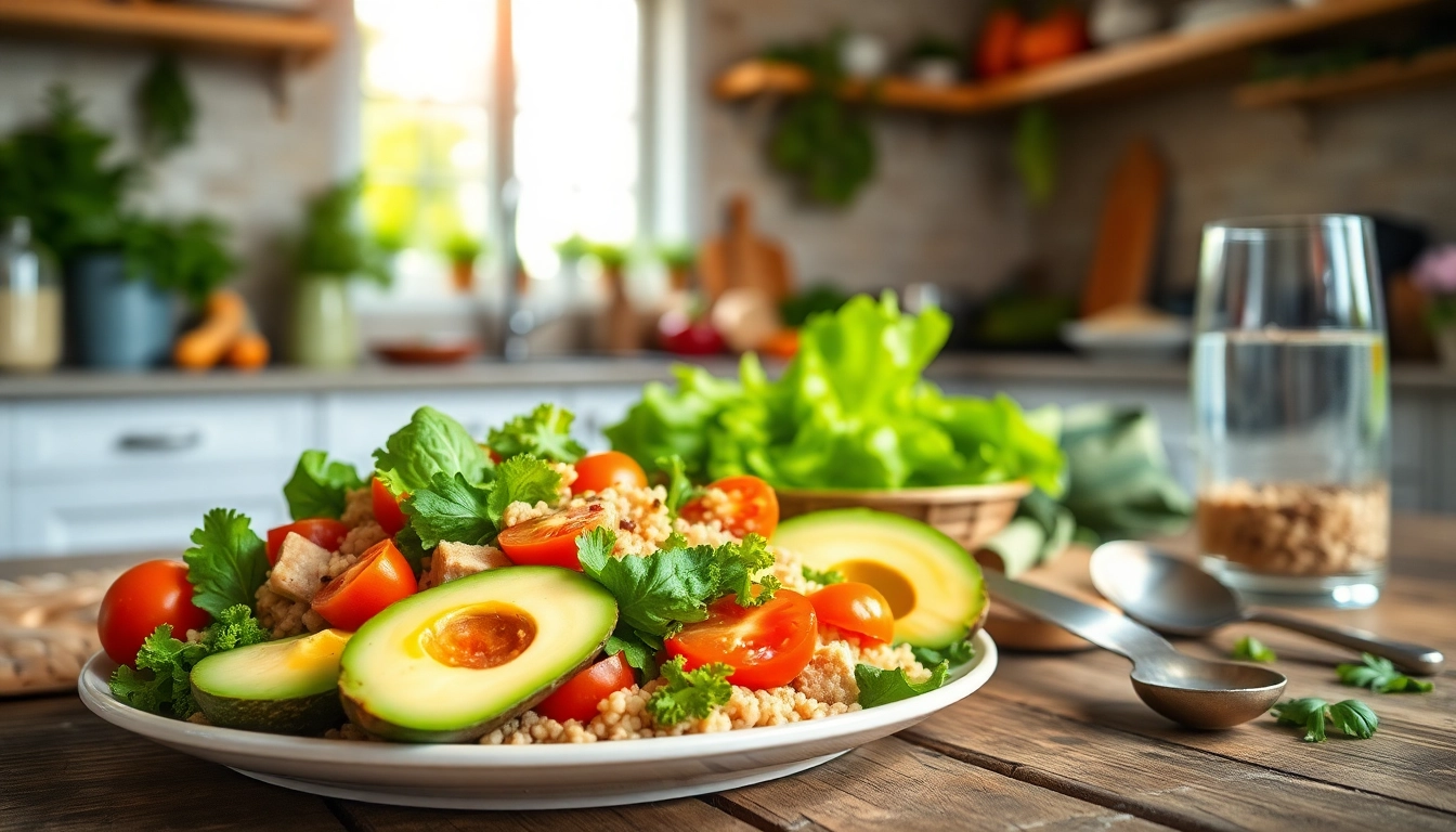 Enjoy a healthy meal to lose weight with vibrant salad, lean proteins, and whole grains on a wooden table.