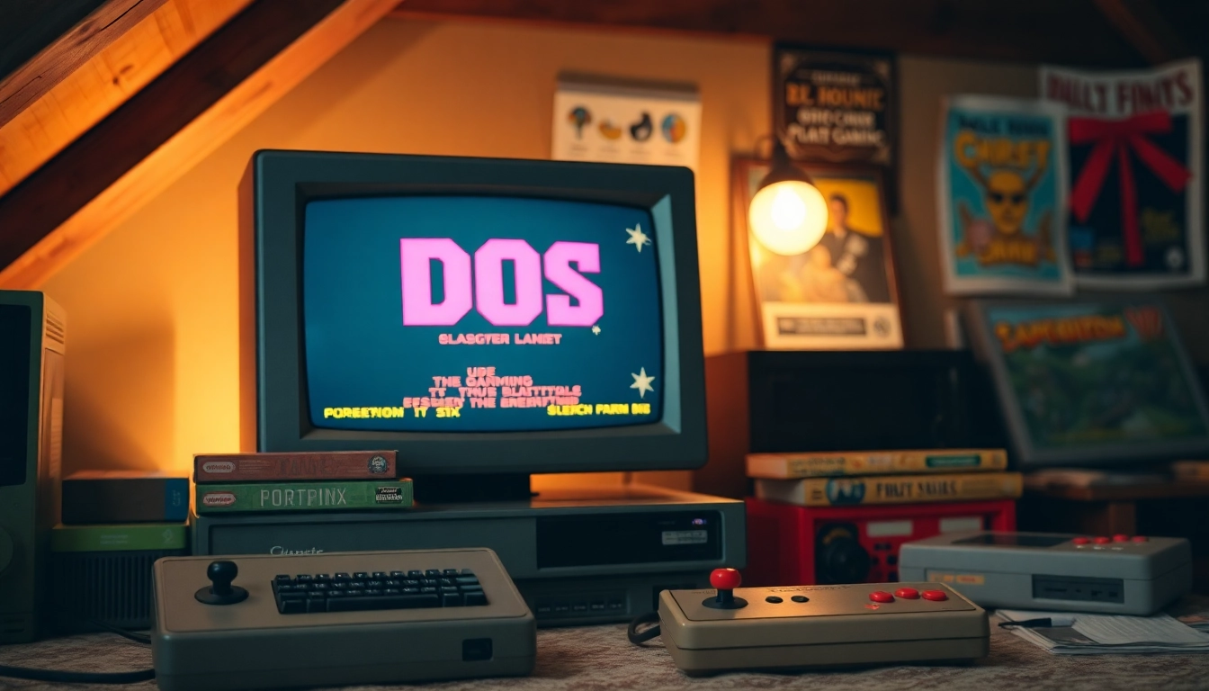 Download DOS games download through a vintage gaming setup featuring classic games displayed on an old-school computer.