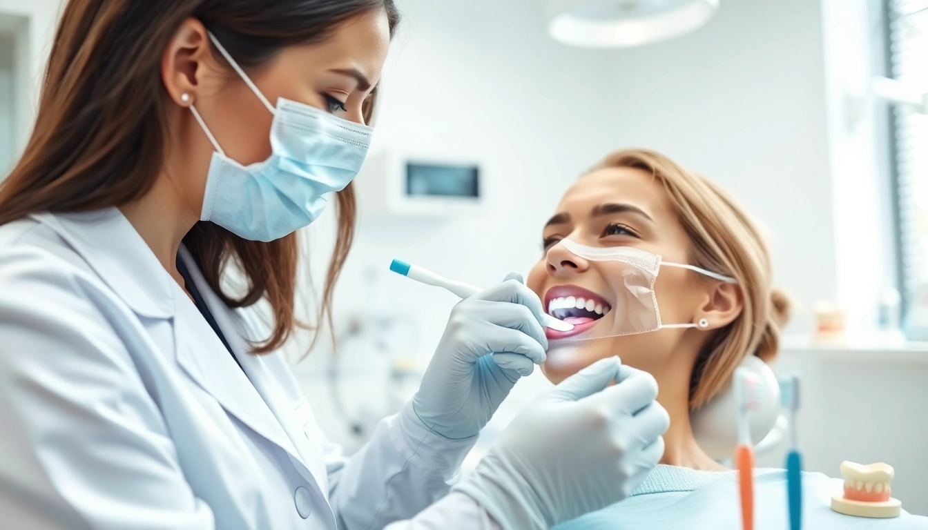 Promote hygiene through a dental hygienist applying fluoride treatment to a patient in a clean clinic.