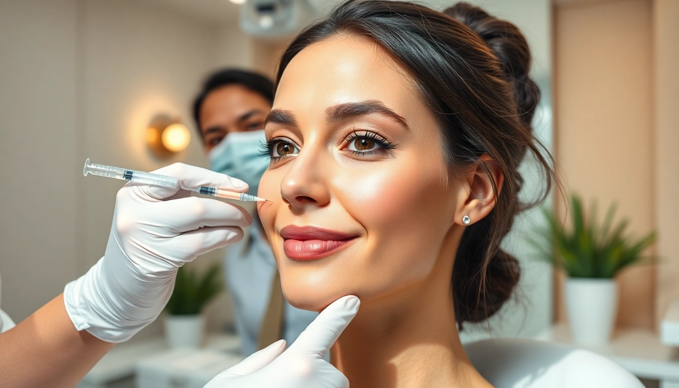 Woman receiving anti wrinkle injections in a modern spa setting, showcasing a professional atmosphere.