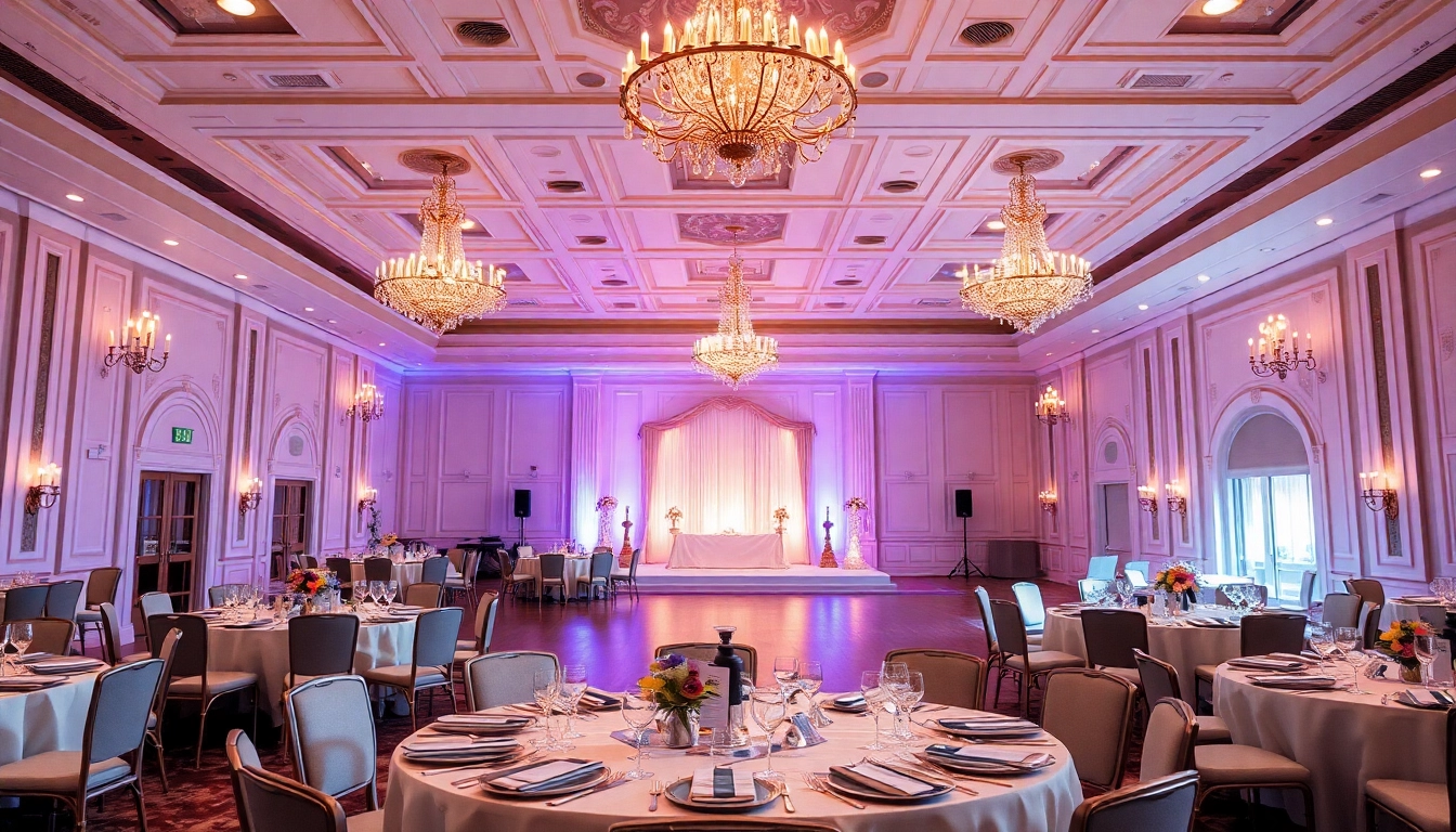 Experience the elegance of le prestige hall, featuring beautifully set tables and sophisticated decor.