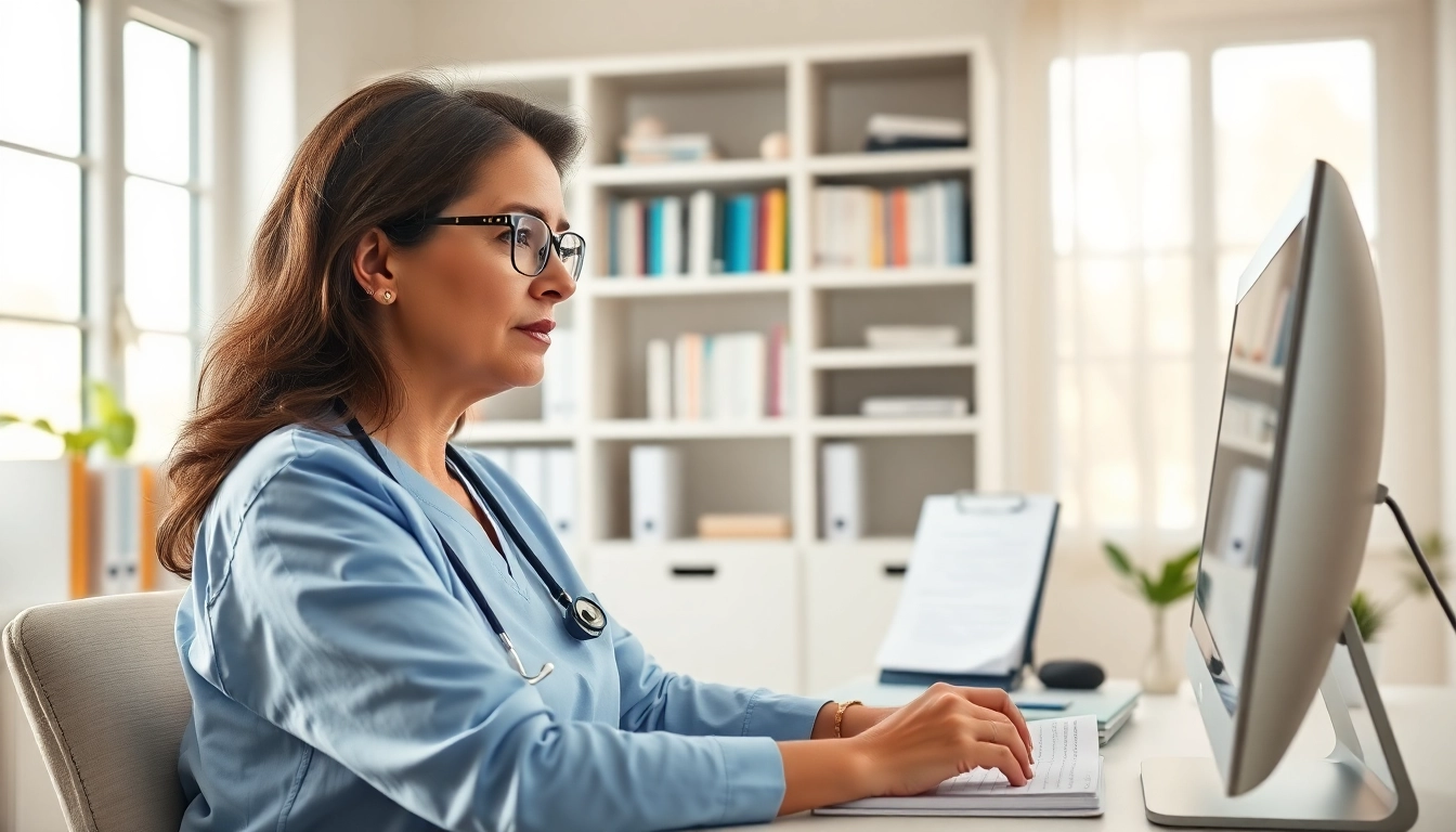 Nursing Continuing Education with a nurse engaging in online classes in a cozy home office.