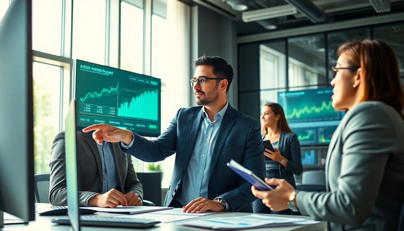 Analyze trends in artificial intelligence stock picks while investors collaborate in a modern office