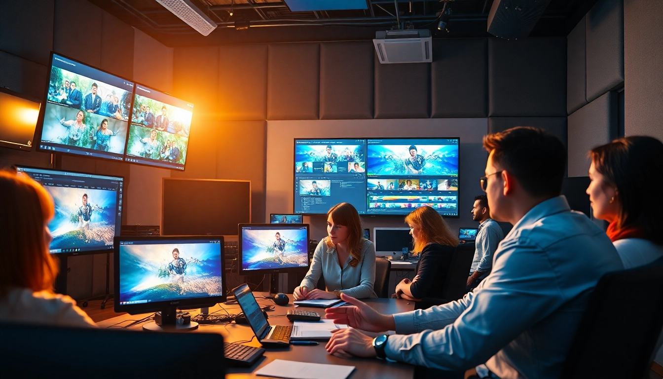 Editing Post Production Toronto teamwork in a professional video editing studio.