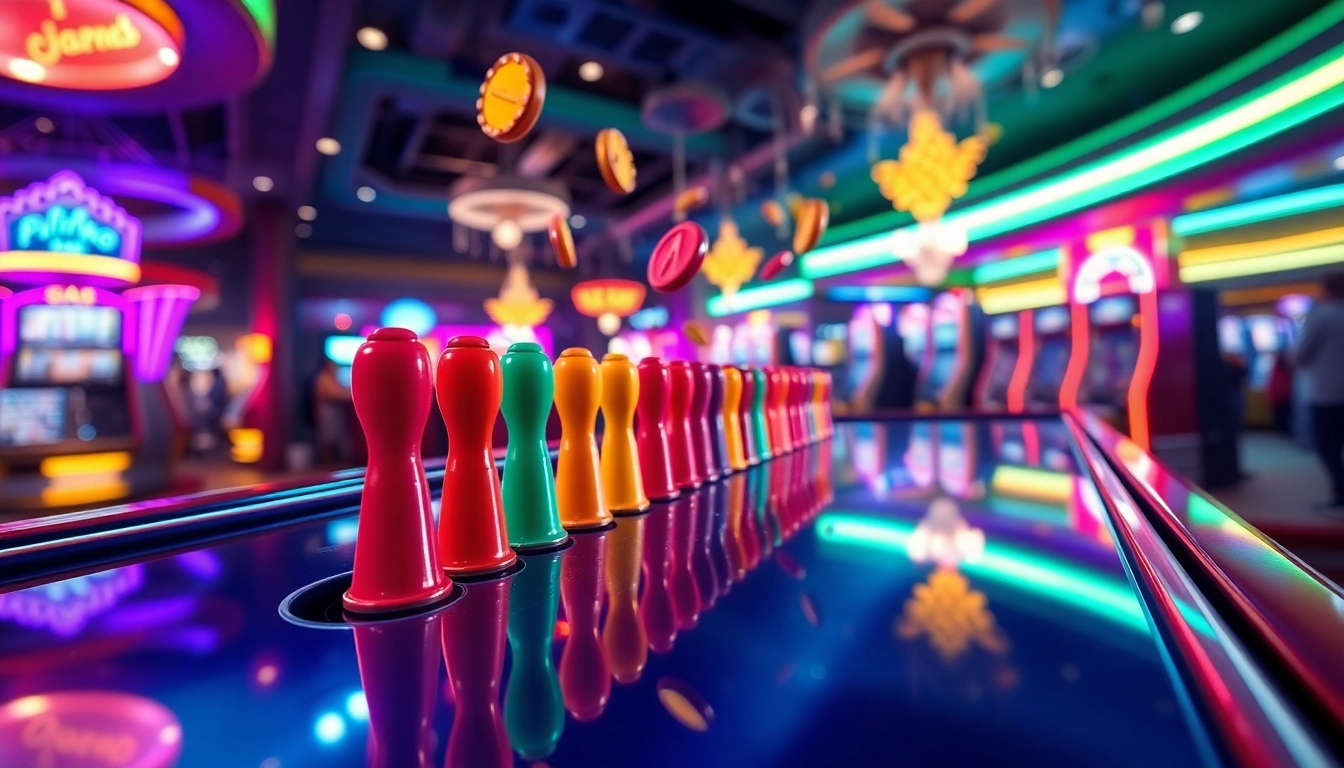 Plinko board game menampilkan kepingan berwarna-warni jatuh ke peg, menciptakan kegembiraan.
