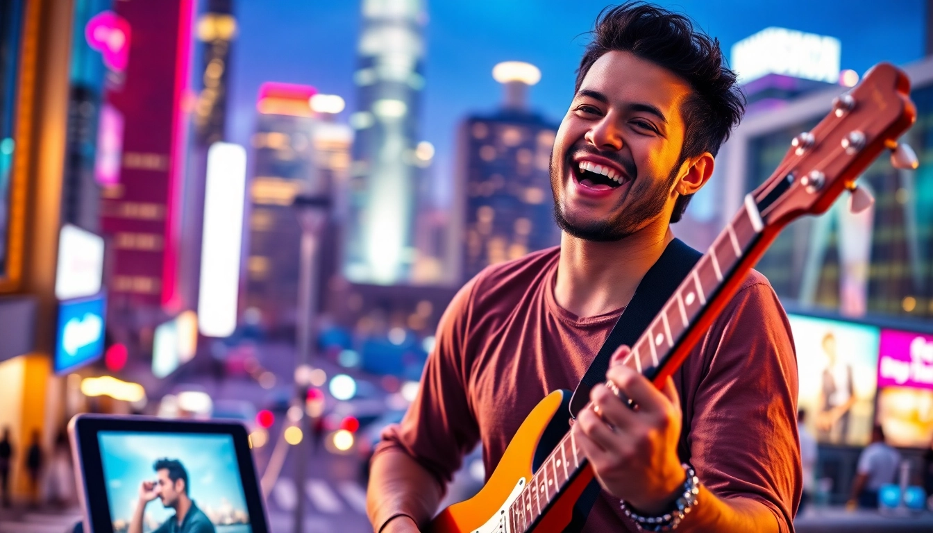 Engage with music promotion services through a dynamic scene featuring a passionate musician and urban backdrop.