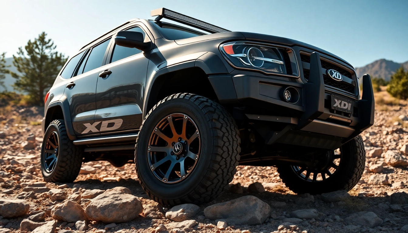 Showcasing XD wheels on an SUV in an adventurous outdoor setting with rugged terrain.
