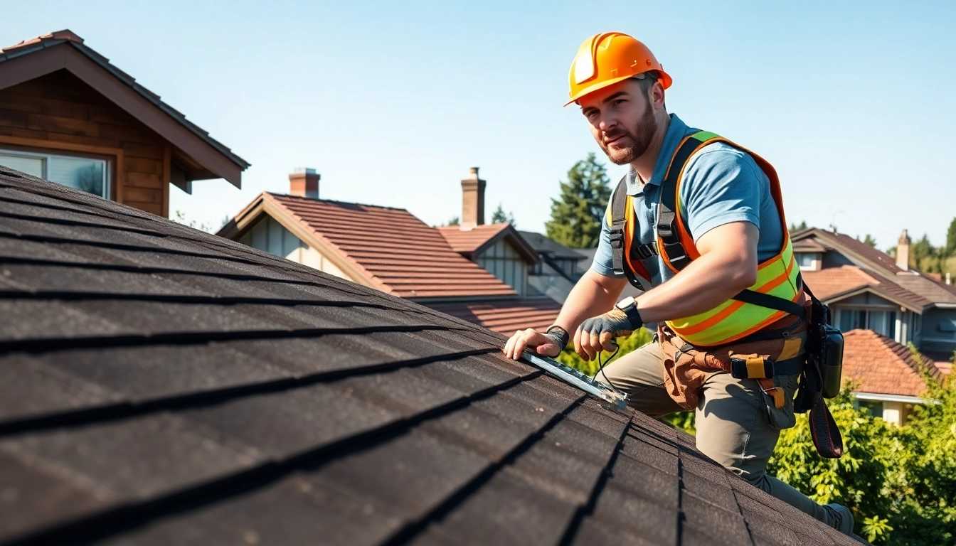 Roofing companies Vancouver Wa installing shingles on a residential home with a professional roofer.