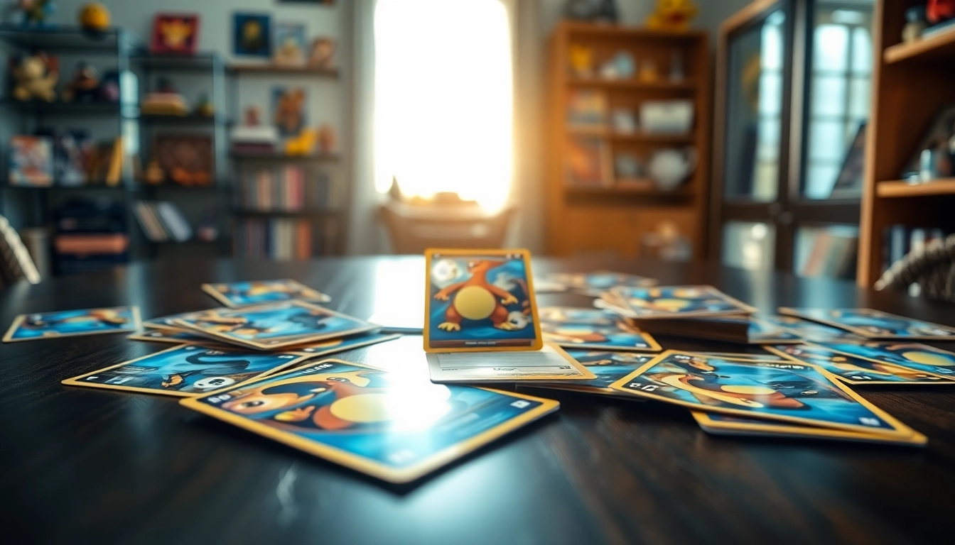 Showcase of real pokemon cards with a rare Charizard prominently displayed on a wooden table.