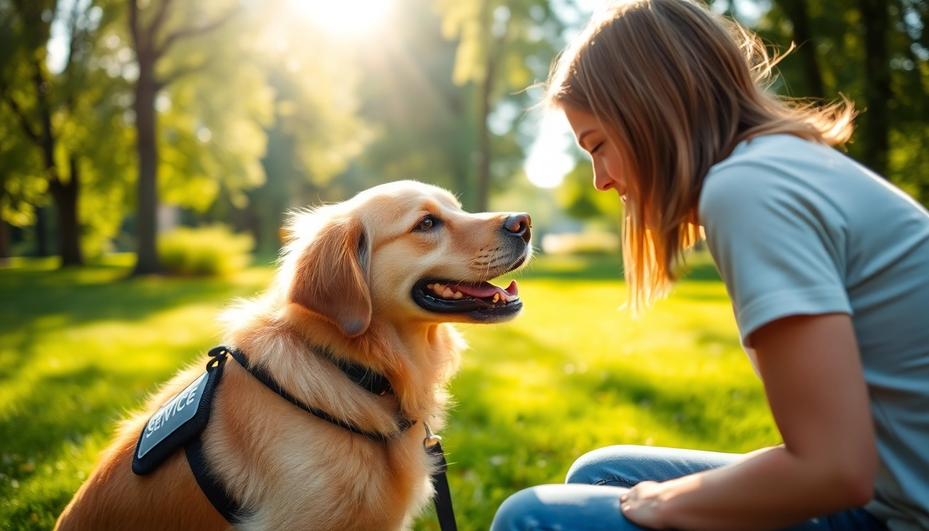 Get a service dog assisting a young person in a sunny park with a joyful disposition.
