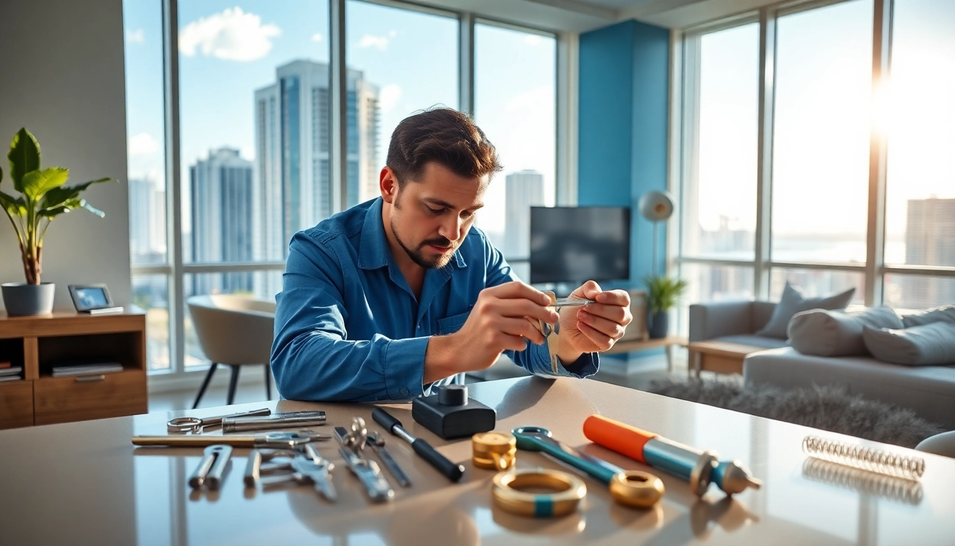 Expert locksmith Miami repairing a high-security lock in a modern apartment, emphasizing professional services.