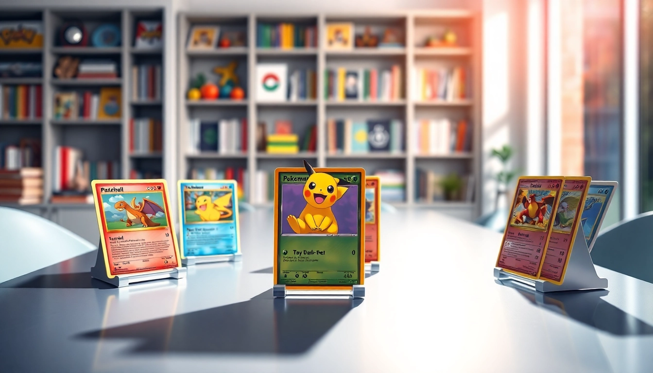 Showcasing real Pokémon cards on a modern table, highlighting their detailed designs and vibrant colors.