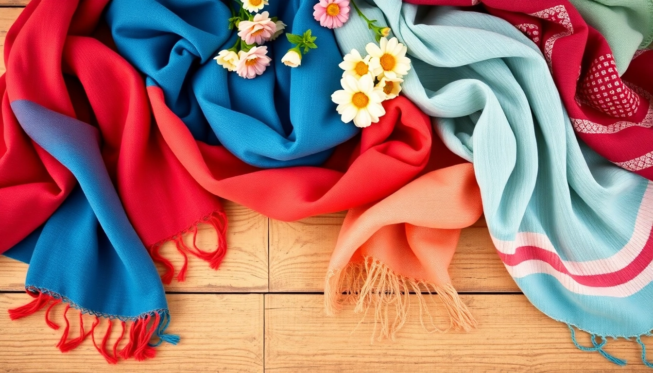 Showcase vibrant scarves for women arranged stylishly, highlighting intricate designs and colors.