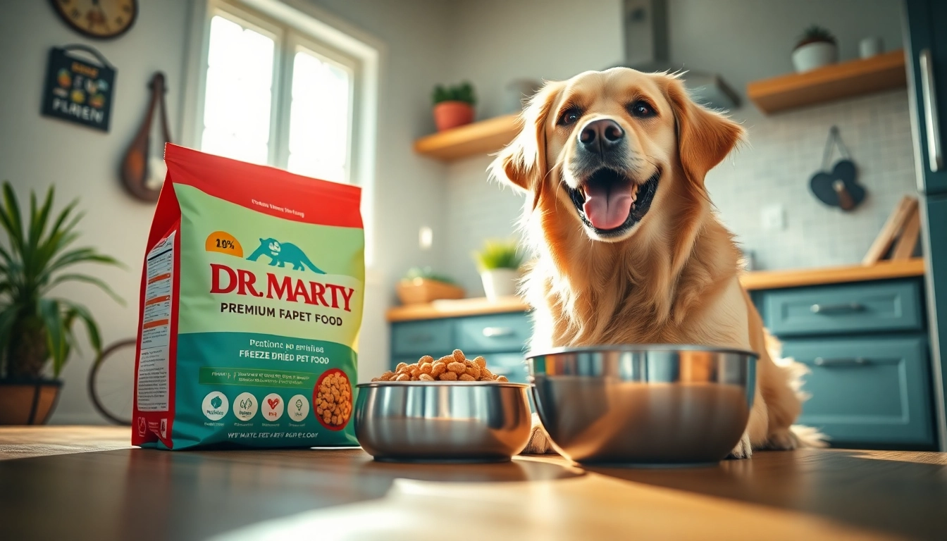 Showcasing a Golden Retriever enjoying Dr. Marty pet food Canada in a vibrant home setting.