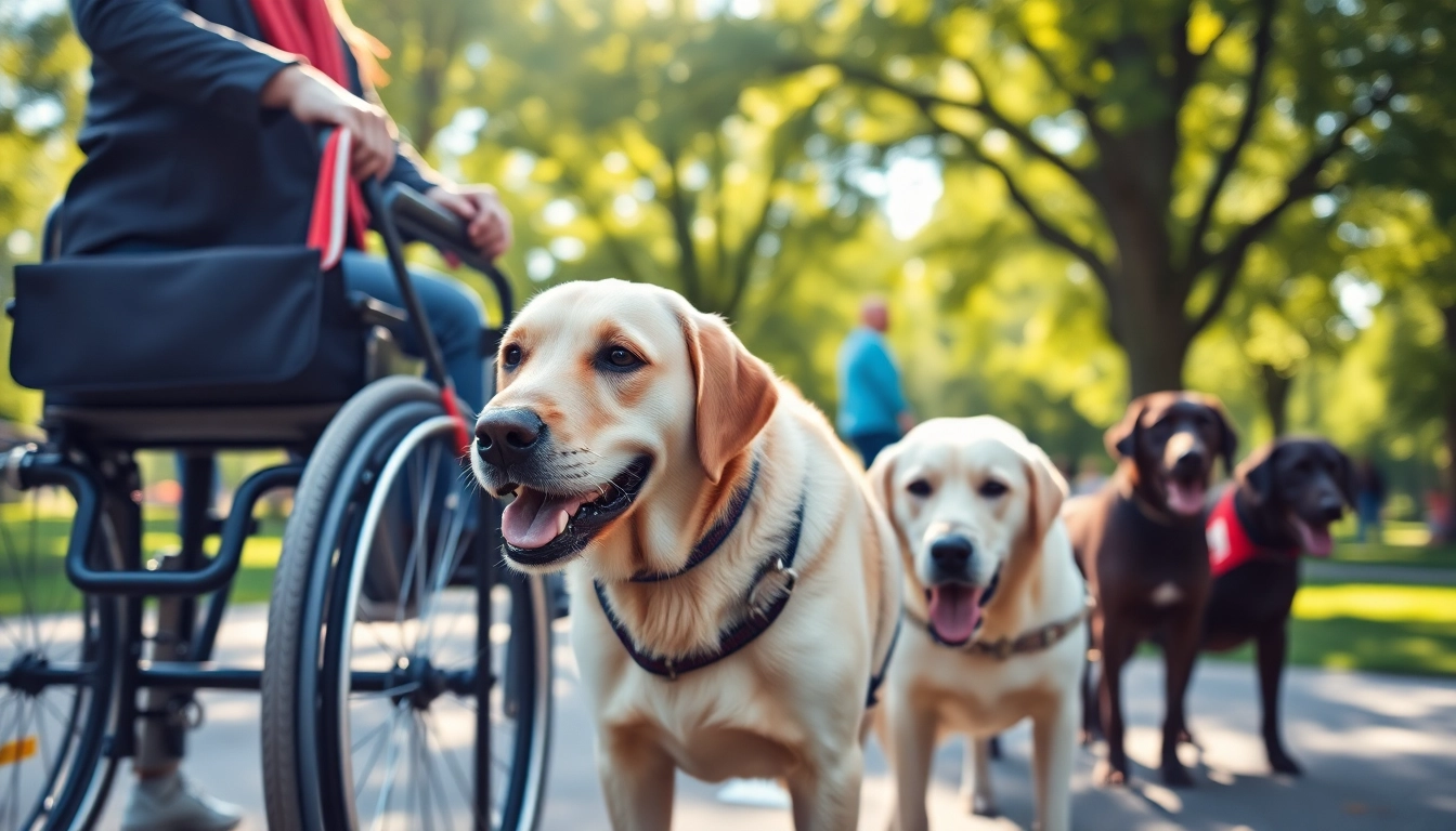 Watch trained service dogs for sale helping individuals in a bright park setting.