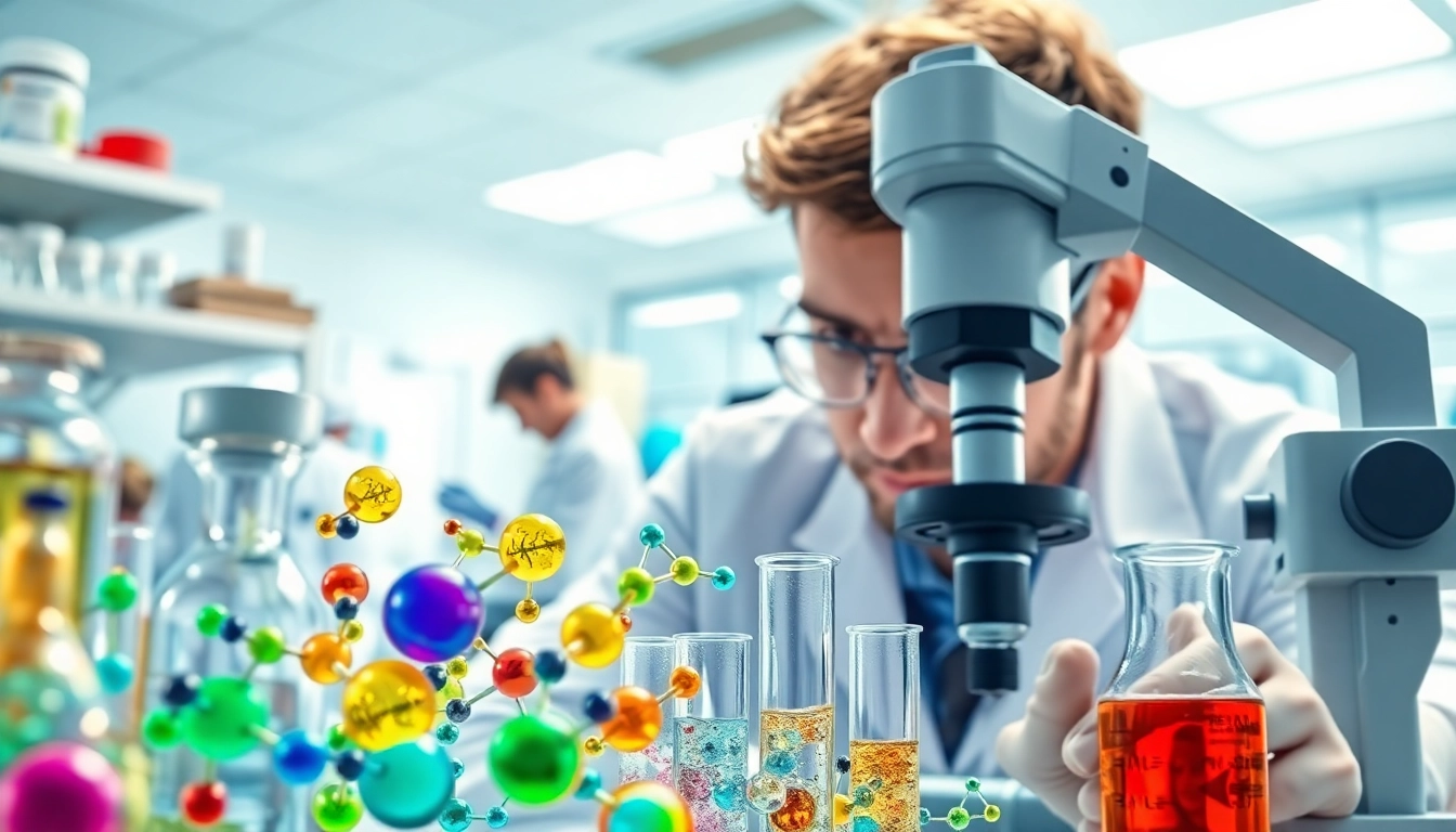 Synthetic Cannabinoids lab scene featuring colorful chemical structures and a focused scientist
