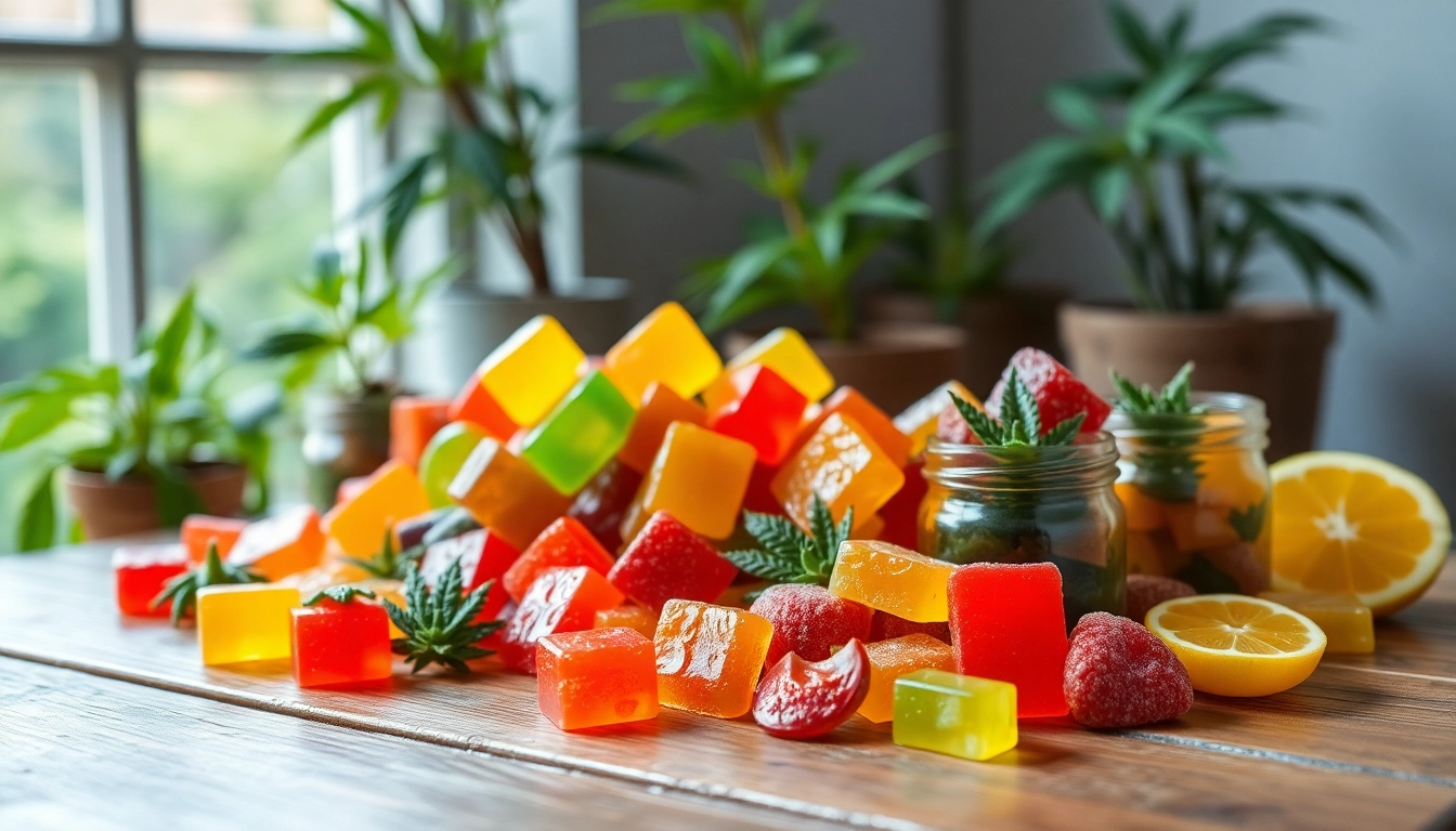 Delightful strong THC gummies displayed attractively with vibrant colors and fruity textures.