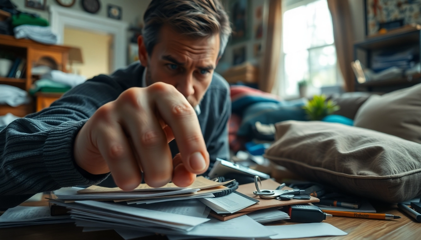 Searching for lost car keys among cluttered items, highlighting frustration and determination.
