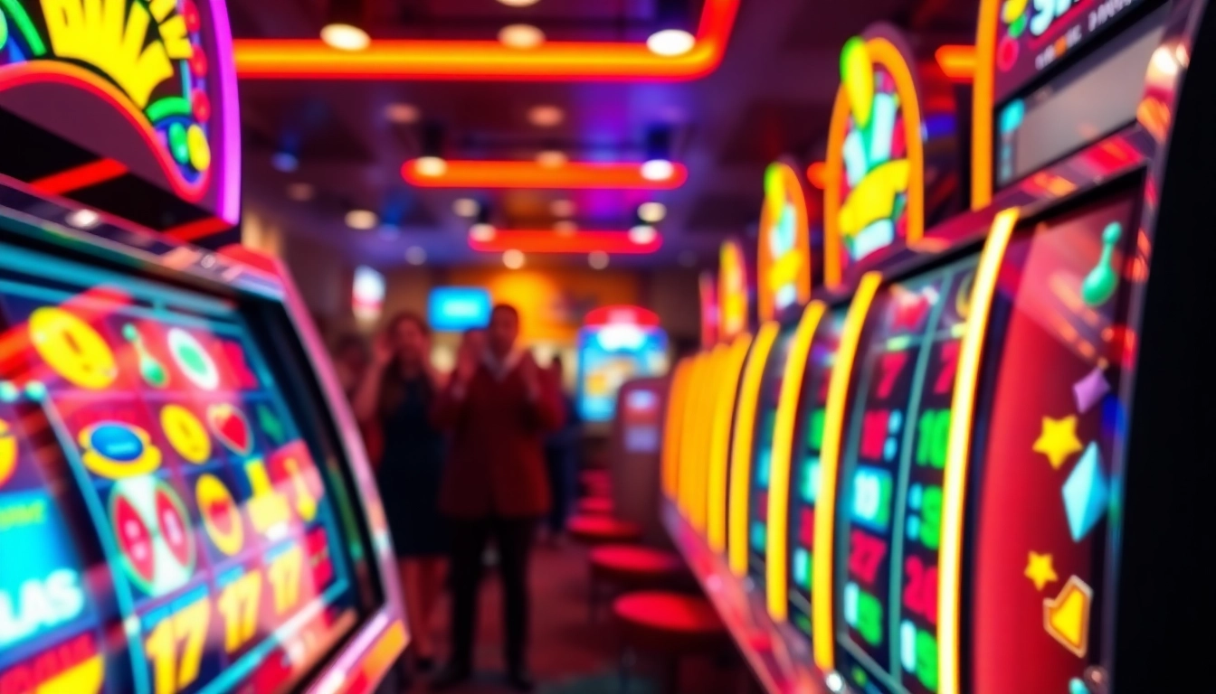 mainkan game slot dengan mesin slot berwarna-warni dan pemain yang bersorak