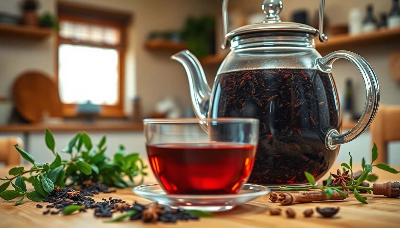 Brewed loose leaf black tea in a teapot surrounded by herbs, creating a warm, inviting atmosphere.