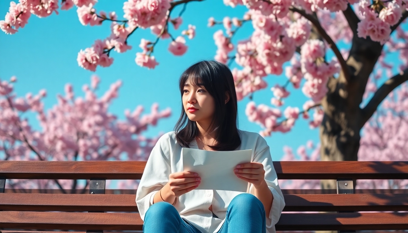Contemplative scene highlighting a relationship breakup reflected through a person under blossoming cherry trees.