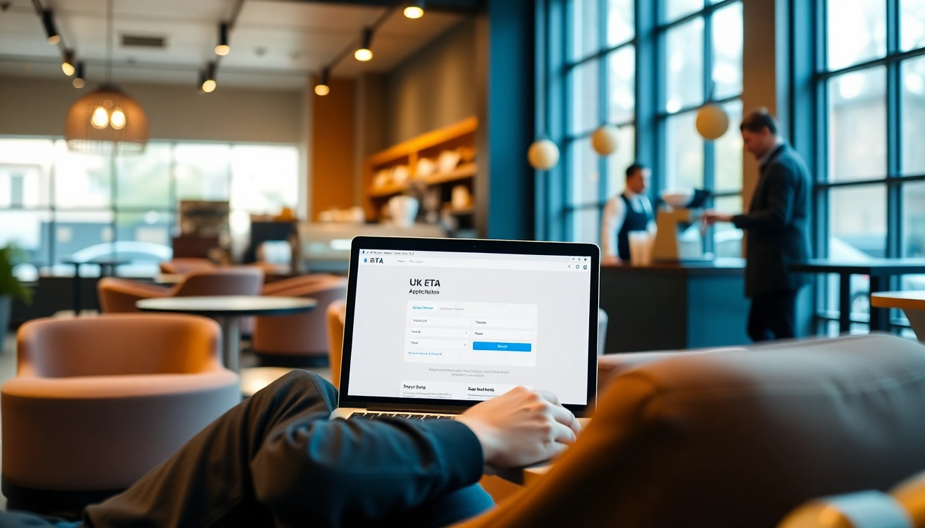 Apply for the uk eta online application on a laptop in a cozy café setting.